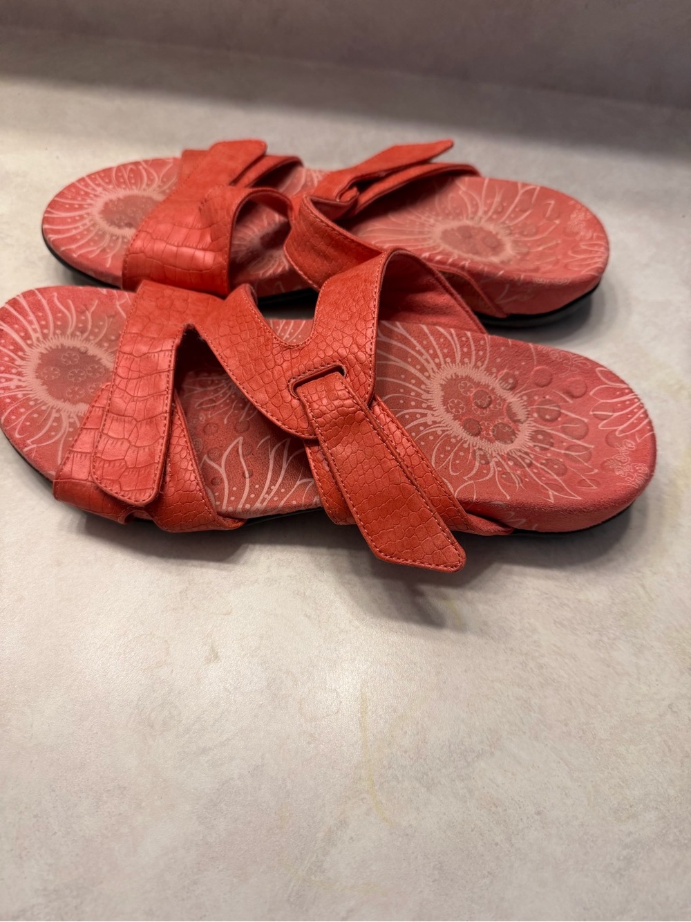 Vionic Coral-Red Floral Dual-Strap Adjustable Slide Sandals - Picture 2 of 5
